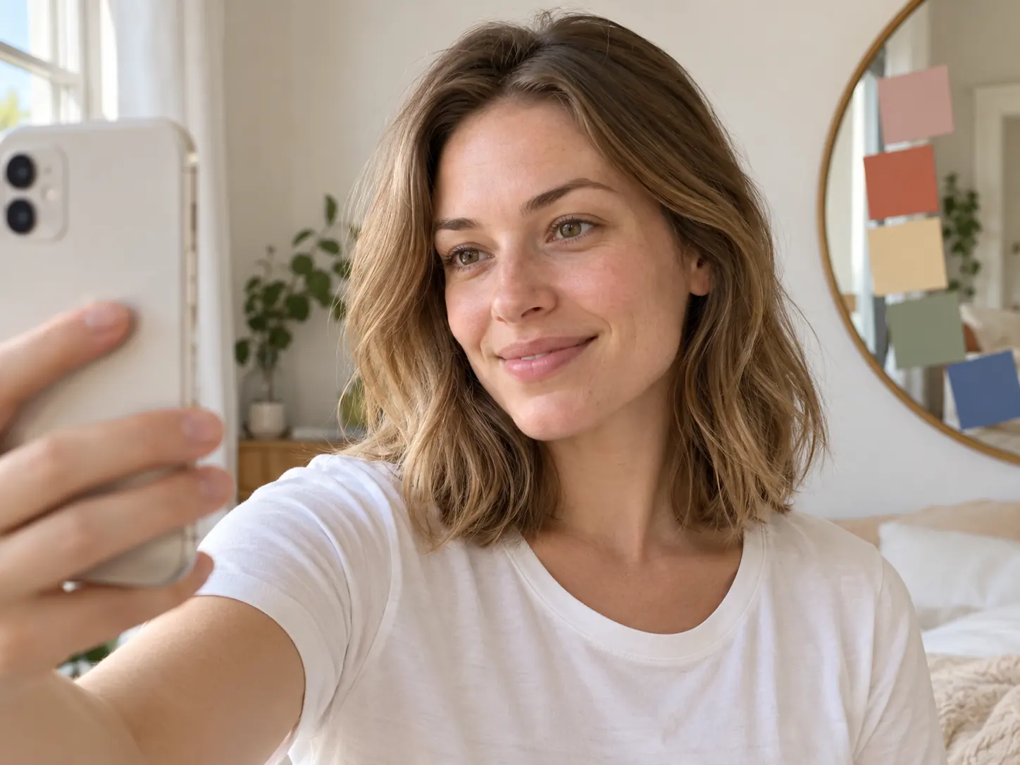 Una mujer se hace una selfie frente a una ventana con luz natural suave